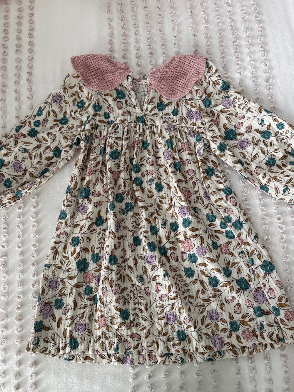 Zara-Cream Floral Dress with Pink Crochet Collar SIZE 4-5